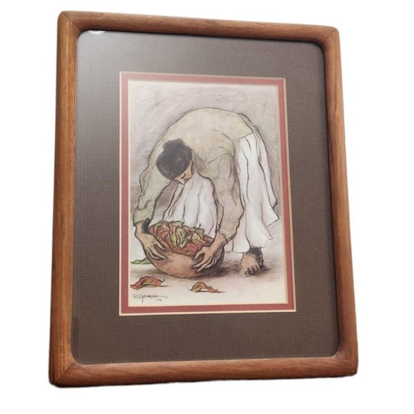 RC Gorman Signed 1976 Framed Print Woman Barefoot with Basket of Chili Peppers